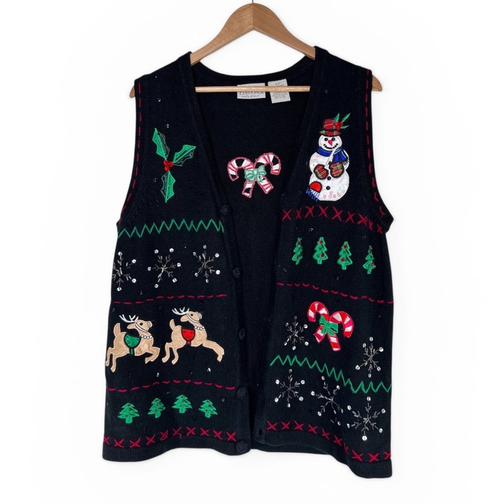 Basic Editions Vintage Christmas Sweater Vest Black Size x-large - Picture 2 of 5